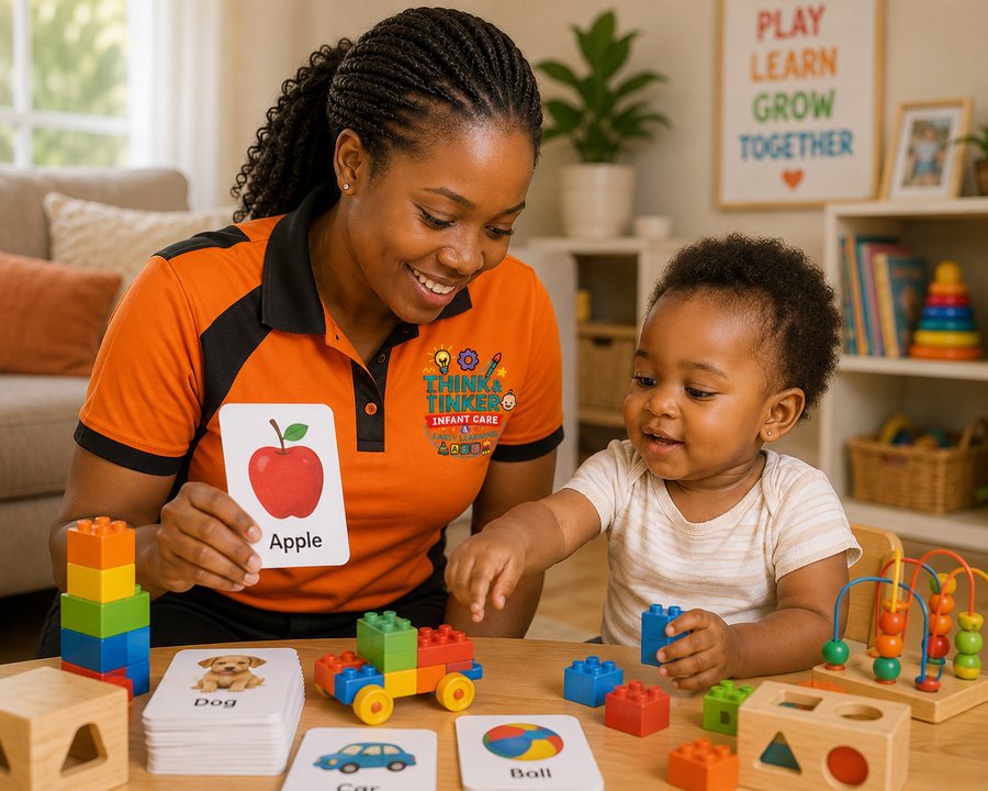 Tutor and child learning with flashcards